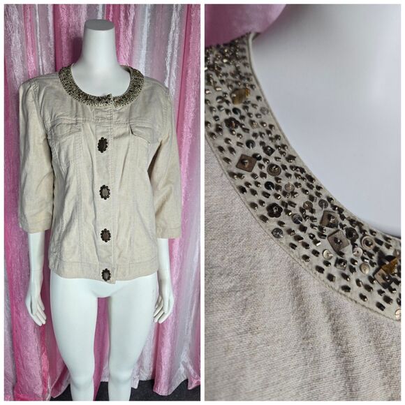 J.Jill Linen Beaded Tan Cropped Button Front Jacket Size Medium Petite - Picture 1 of 13